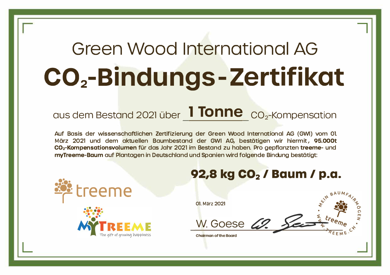 treeme CO2 Zertifikat